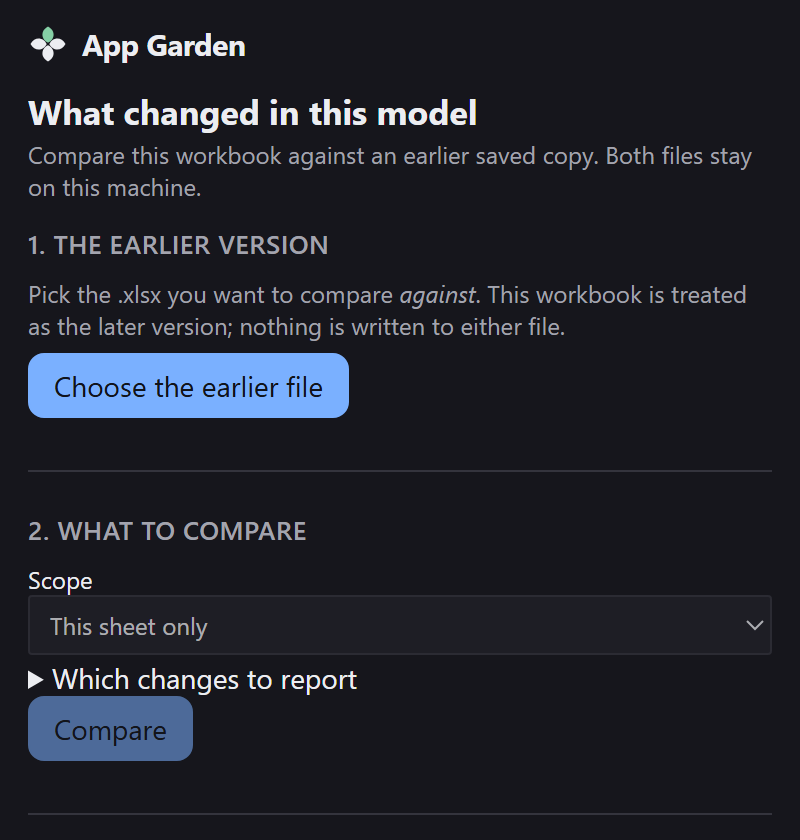 The pane on opening: step 1 with a Choose the earlier file button, step 2 with a scope picker, and a disabled Compare button.