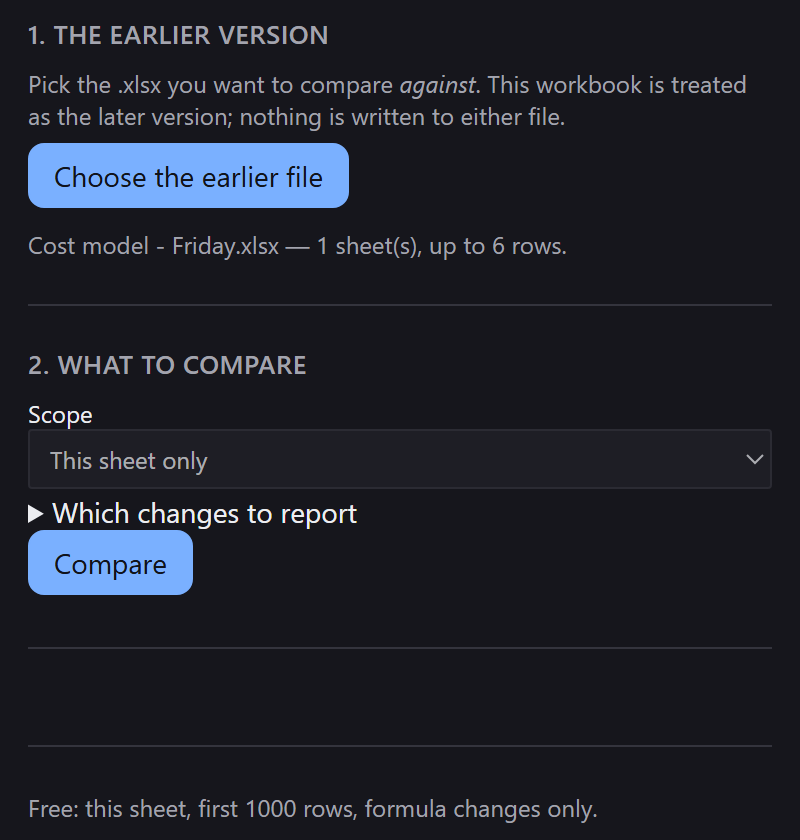 After choosing a file: the line Cost model - Friday.xlsx, 1 sheet(s), up to 6 rows, and Compare now enabled.