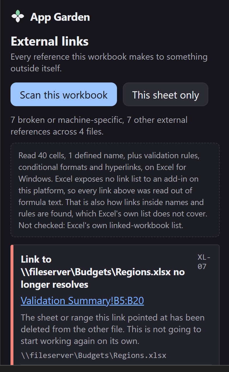 The pane after a scan: 7 broken or machine-specific, 7 other external references across 4 files, a coverage box naming what was read, then the first finding card.