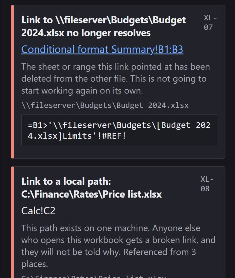 Two finding cards. XL-07: a link to a file on a network share that no longer resolves, on a conditional format. XL-08: a link to a local path, referenced from three places.