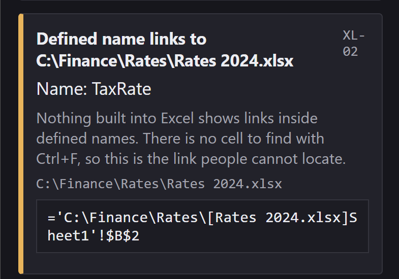 An XL-02 card: Defined name links to C:\Finance\Rates\Rates 2024.xlsx, Name: TaxRate, with the name's full definition quoted underneath.
