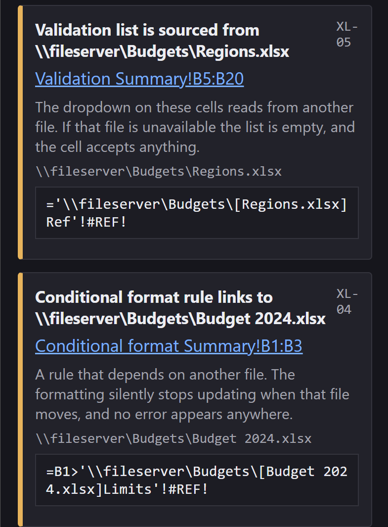 Three finding cards: XL-05 a validation list sourced from another file, XL-04 a conditional format rule linking to another file, and the start of XL-06 a hyperlink.