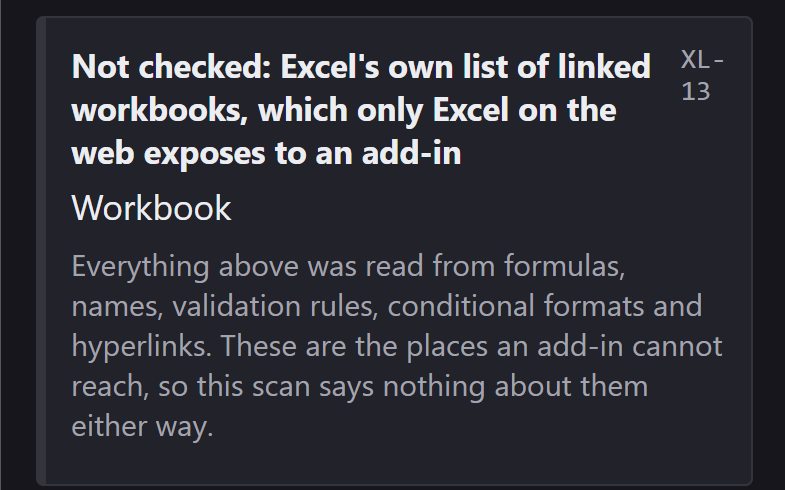 An XL-13 note card: Not checked, Excel's own list of linked workbooks, which only Excel on the web exposes to an add-in.