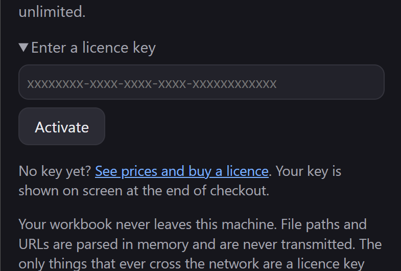 The licence section expanded: a key field, an Activate button, a link to prices, and the line saying the workbook never leaves this machine.
