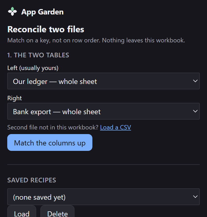 The pane at step 1: Left and Right sheet pickers, a Load a CSV link, the Match the columns up button, and a saved recipes section.
