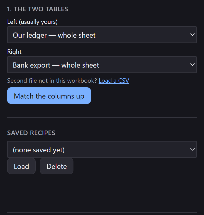 Step 1 in close-up: Our ledger on the left, Bank export on the right, above the Match the columns up button.