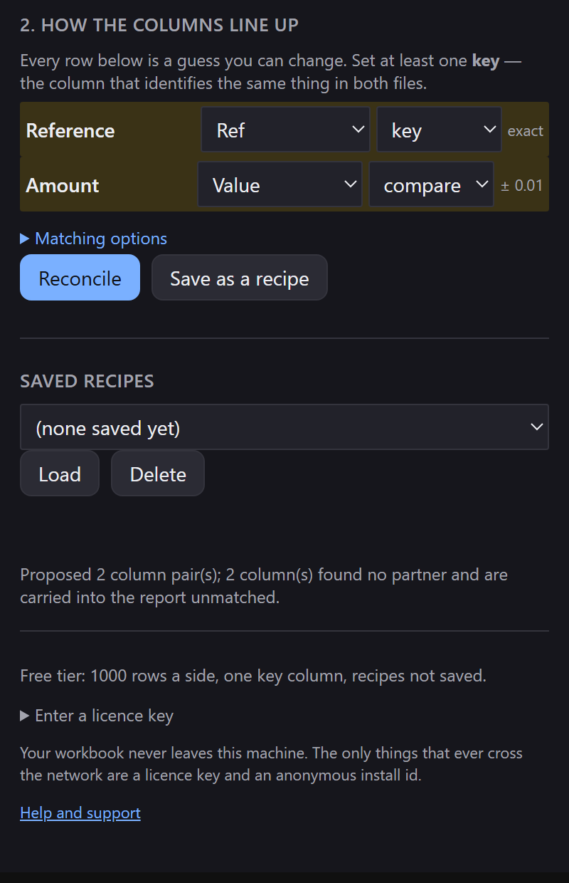 Step 2: Reference mapped to Ref as the key with exact matching, Amount mapped to Value as compare with a tolerance of 0.01, and a note that two columns found no partner.