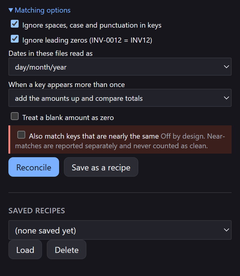 The matching options: ignore spaces case and punctuation, ignore leading zeros, a date reading picker, a duplicate-key policy, treat blank as zero, and a red-boxed near-match option that is off.