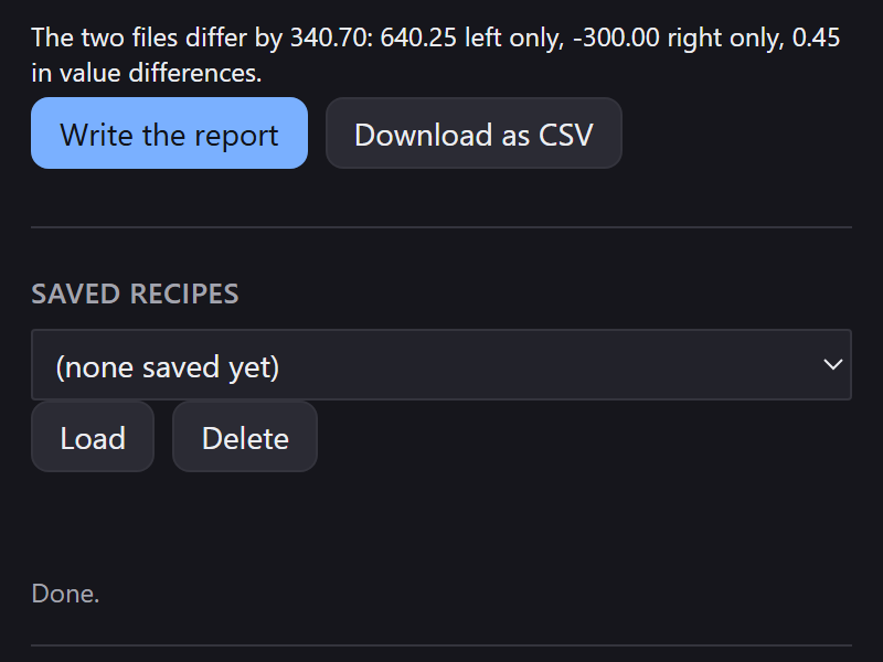 The difference sentence: the two files differ by 340.70, made of 640.25 left only, -300.00 right only, and 0.45 in value differences.
