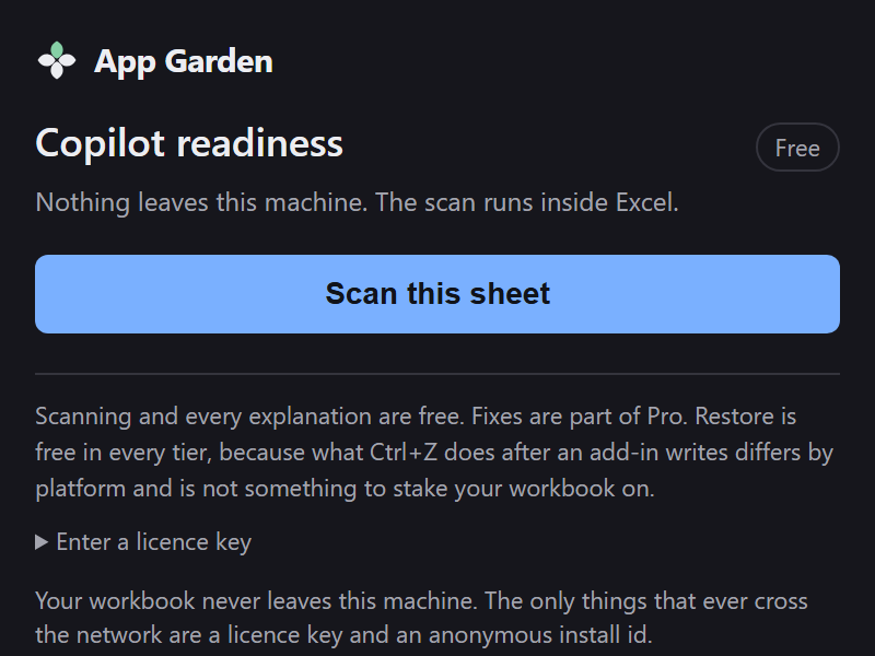 The add-in pane, showing the Scan this sheet button, the free-tier note and the licence section.