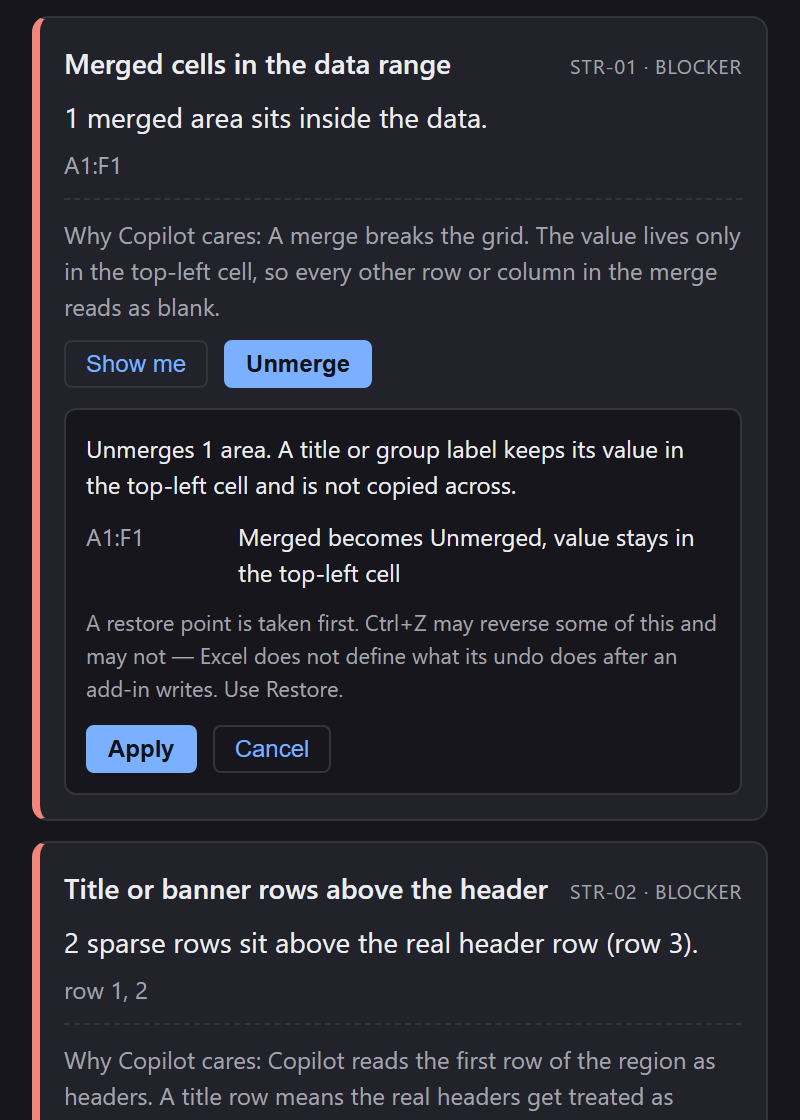 The Unmerge preview: what it will do, a before-and-after line for A1:F1, a note that a restore point is taken first, and Apply and Cancel buttons.