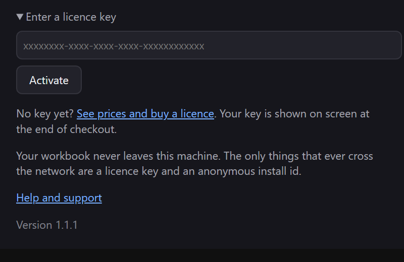 The licence section expanded, showing the key field, the Activate button and a link to prices.