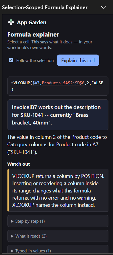 The pane explaining a VLOOKUP: it works out the description for SKU-1041, currently Brass bracket 40mm, taking the value in column 2 of the Product code to Category columns; a Watch out panel says VLOOKUP returns a column by position.