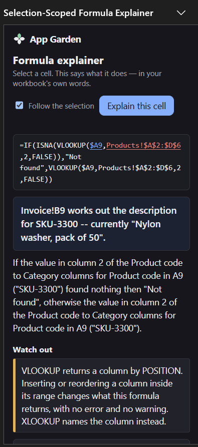 The pane explaining an IF(ISNA(VLOOKUP)) formula as one sentence: if the lookup found nothing then Not found, otherwise the value in column 2 of the Product code to Category columns.