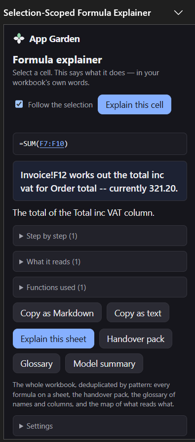 The pane on the SUM total cell: it works out the total inc vat for Order total, currently 321.20, the total of the Total inc VAT column. There is no Watch out panel.