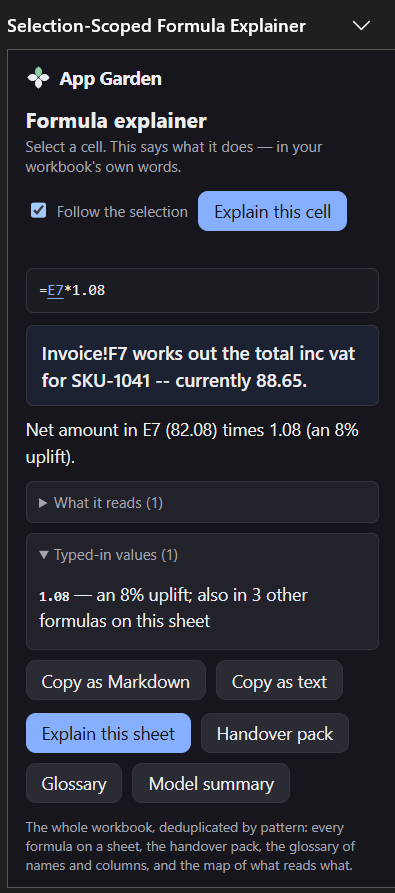 The pane's Typed-in values panel: 1.08, an 8% uplift, also in 3 other formulas on this sheet.