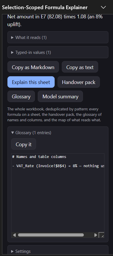 The pane showing a glossary with one entry: VAT_Rate, Invoice!$B$4, 8%, and how many formulas use it.