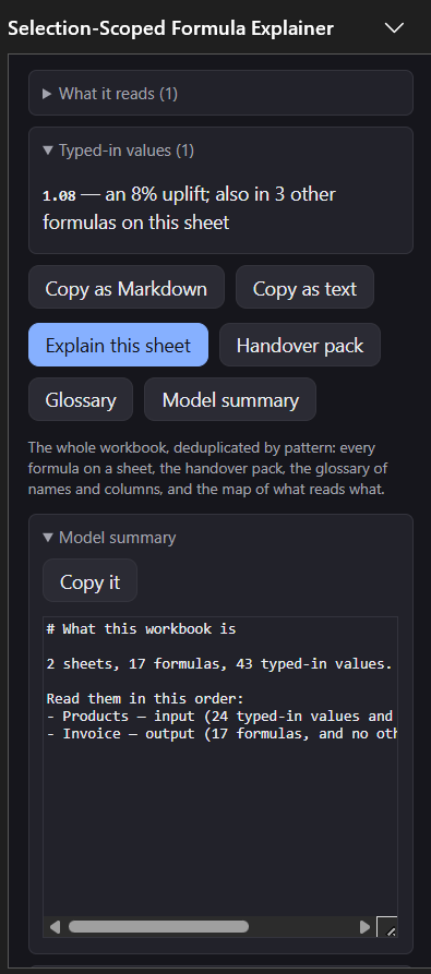The pane showing a model summary: 2 sheets, 17 formulas, 43 typed-in values, then a reading order listing Products as input and Invoice as output.