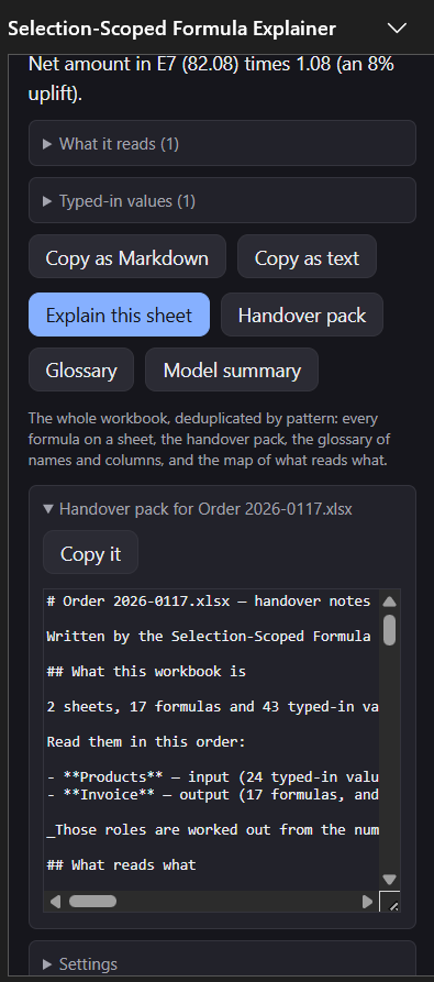 The pane showing a handover pack in Markdown for Order 2026-0117.xlsx, beginning with what the workbook is, the reading order, and what reads what.