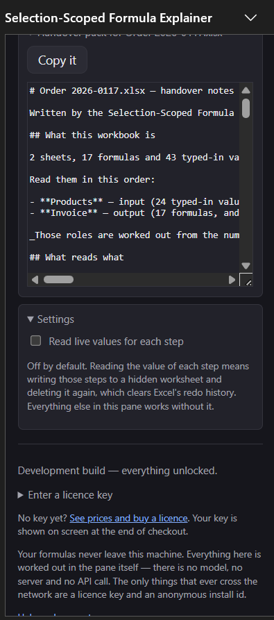 The pane's Settings section expanded, showing an unticked checkbox reading Read live values for each step, and a note that it is off by default because reading the value of each step means writing those steps to a hidden worksheet and deleting it again, which clears Excel's redo history.