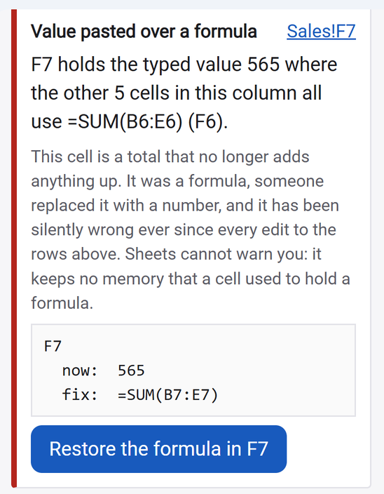The same finding on a Pro licence, now with a Restore the formula in F7 button under the comparison.