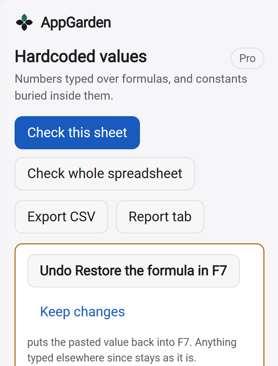 After the fix: an Undo Restore the formula in F7 button has appeared at the top of the sidebar.