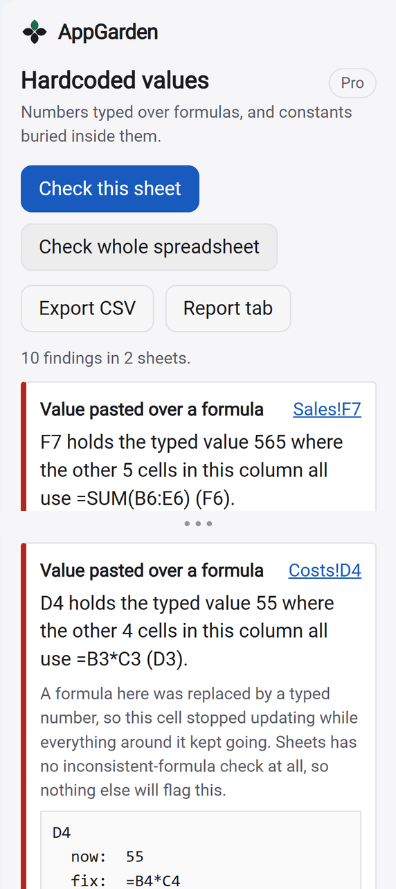 Findings from two sheets listed together, each labelled with its sheet name.