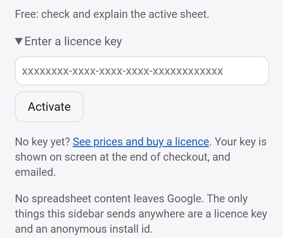 The licence section expanded, showing the key field and the Activate button.