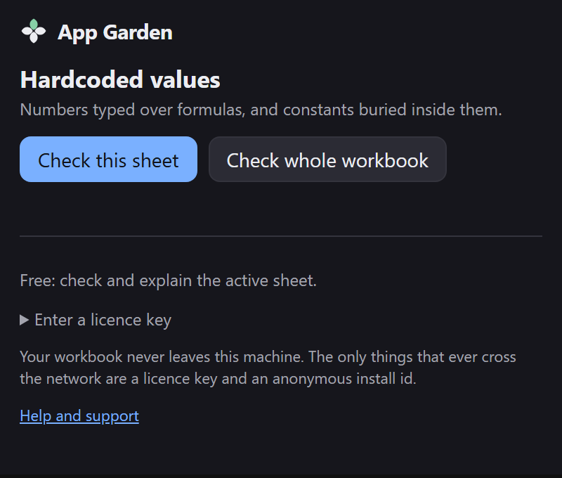 The add-in pane, showing the Check this sheet and Check whole workbook buttons and no results.