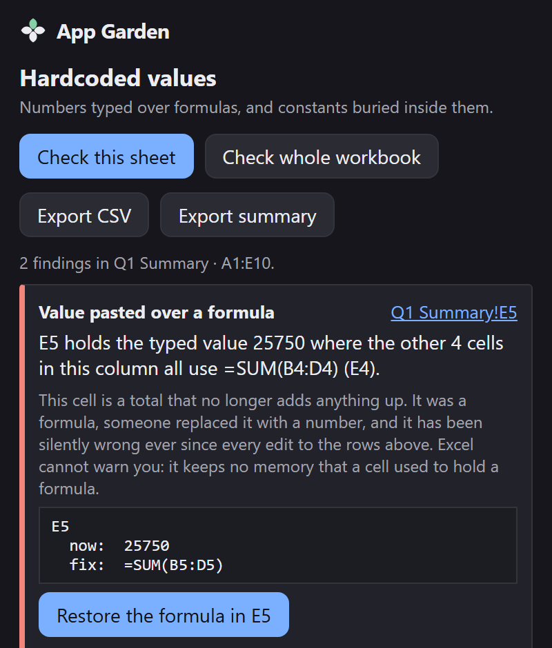 The pane after pressing undo: both findings are listed again.