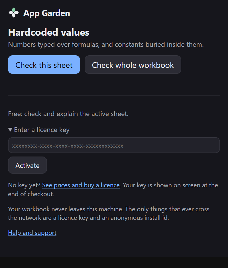 The licence section expanded, showing the key field and the Activate button.
