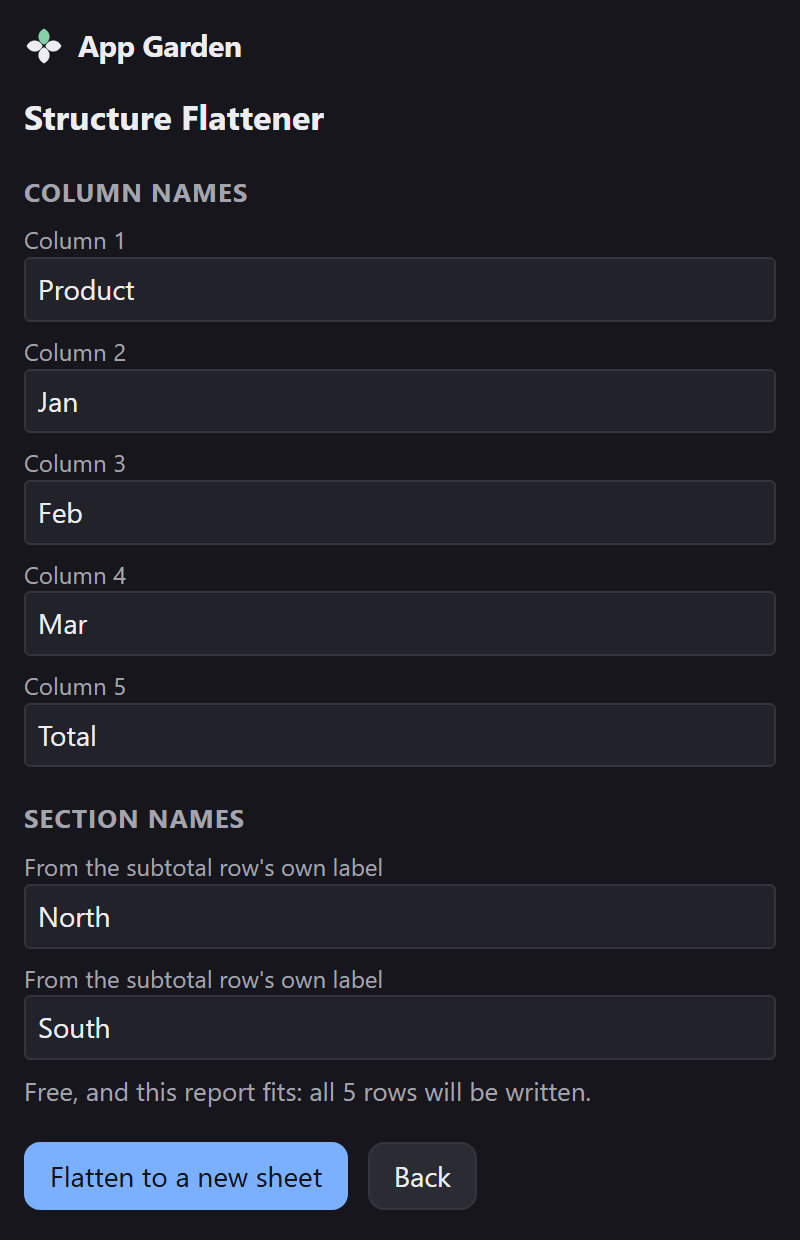 The names screen: an editable field per column name, then section names North and South, each labelled with where it came from, and a Flatten to a new sheet button.