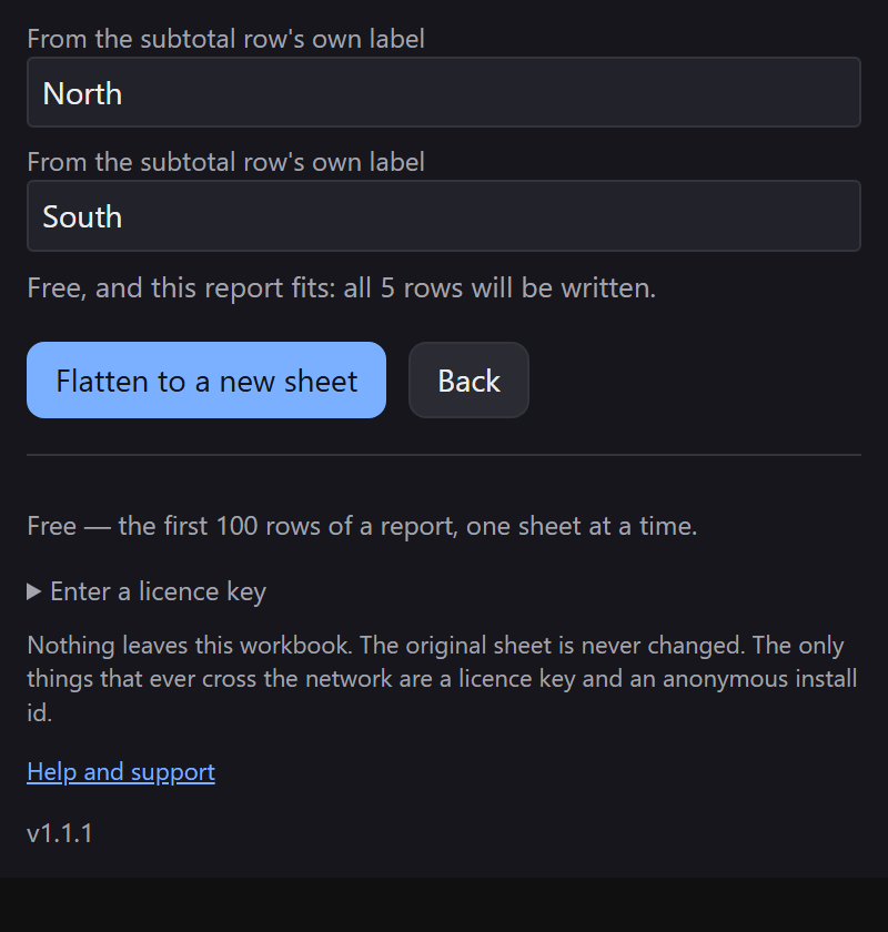 The section names: North and South, each with the caption From the subtotal row's own label, above the Flatten and Back buttons.