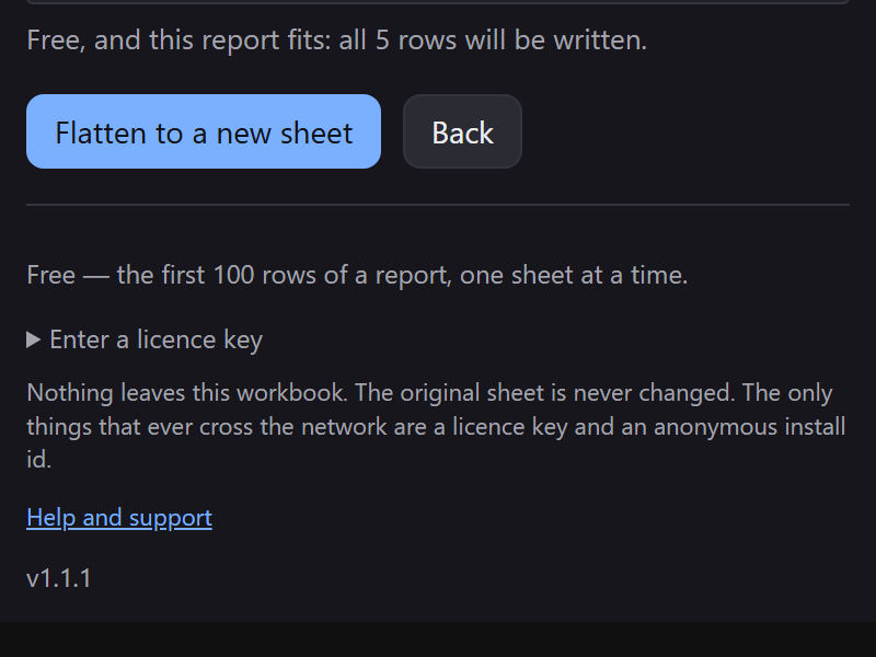 The line reading Free, and this report fits: all 5 rows will be written, above the Flatten to a new sheet button and the free tier note.