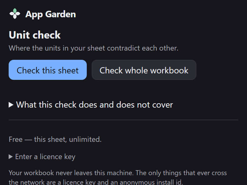 The add-in pane, showing Check this sheet, Check whole workbook, a collapsed scope section, and the free-tier note.