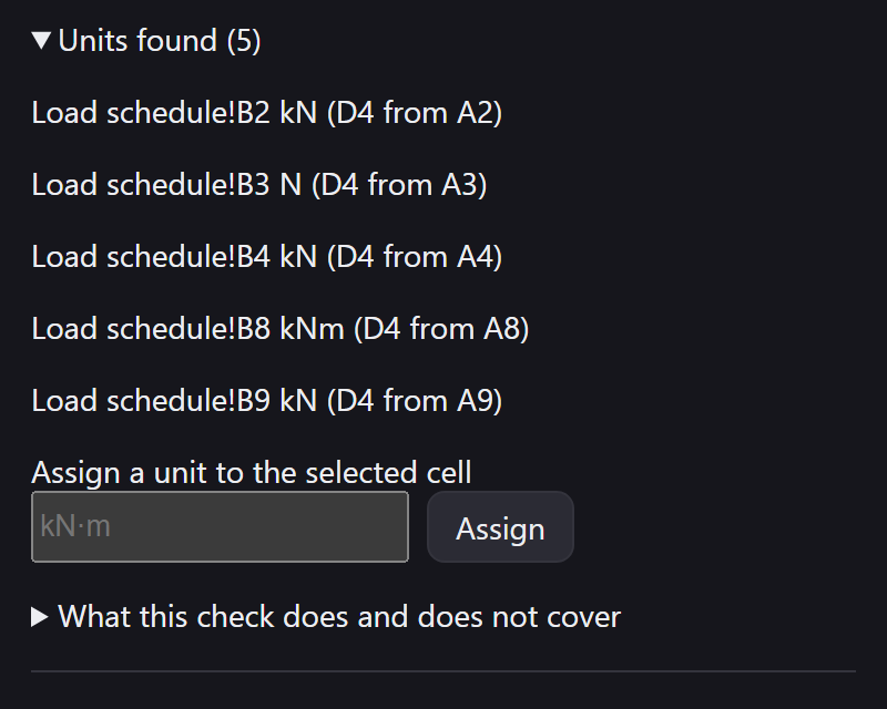 The Units found section listing five cells with their units and the label each was read from, above an Assign a unit to the selected cell field.
