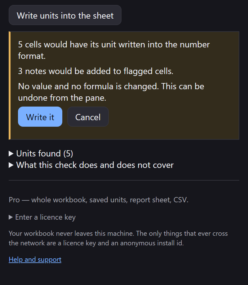 The Write units into the sheet preview: five cells would have their unit written into the number format, three notes would be added to flagged cells, no value and no formula is changed.