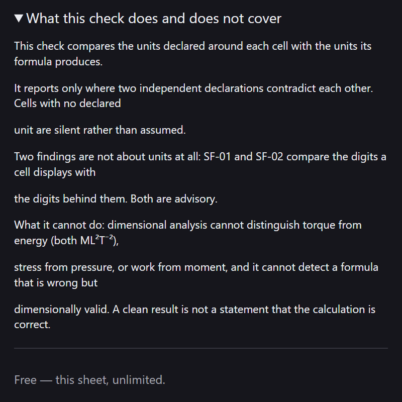 The scope section expanded in the pane, stating what the check compares, that cells with no declared unit stay silent, and the pairs dimensional analysis cannot separate.