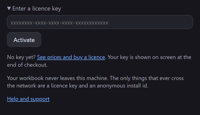 The licence section expanded, showing the key field, the Activate button and a link to prices.