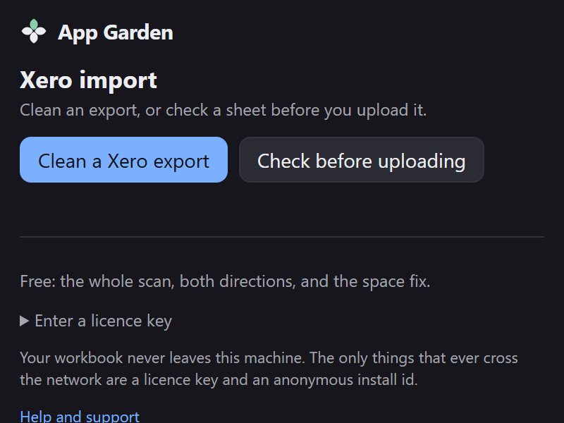 The add-in pane, showing the Clean a Xero export and Check before uploading buttons and the free-tier note.