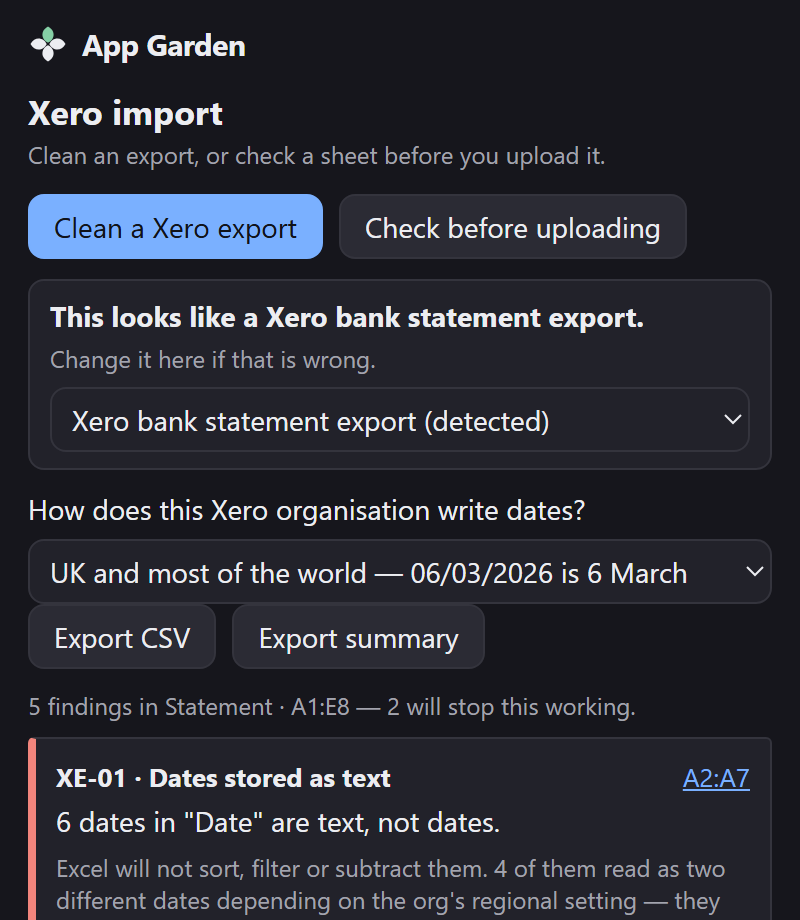 The pane after scanning: a banner reading This looks like a Xero bank statement export, a file-type picker, the date-convention picker, export buttons, and the first finding.