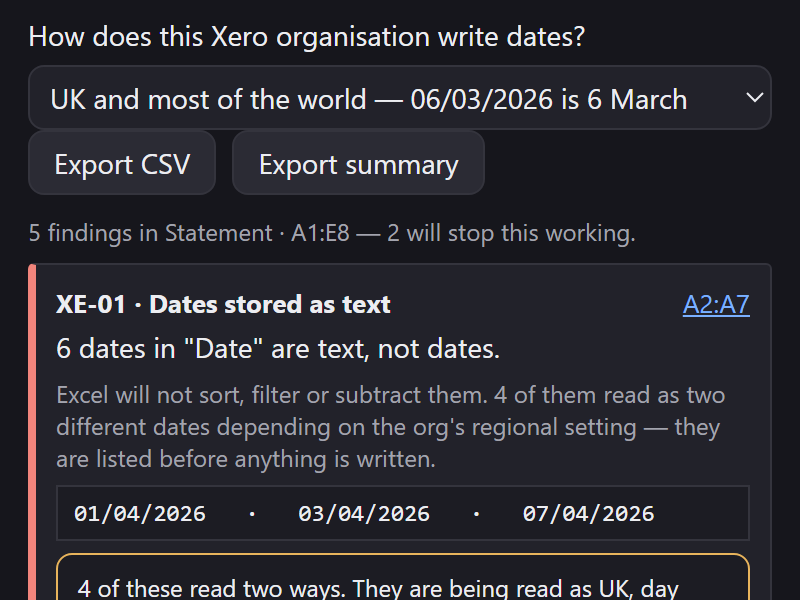 The date convention picker: How does this Xero organisation write dates, set to UK and most of the world, 06/03/2026 is 6 March.