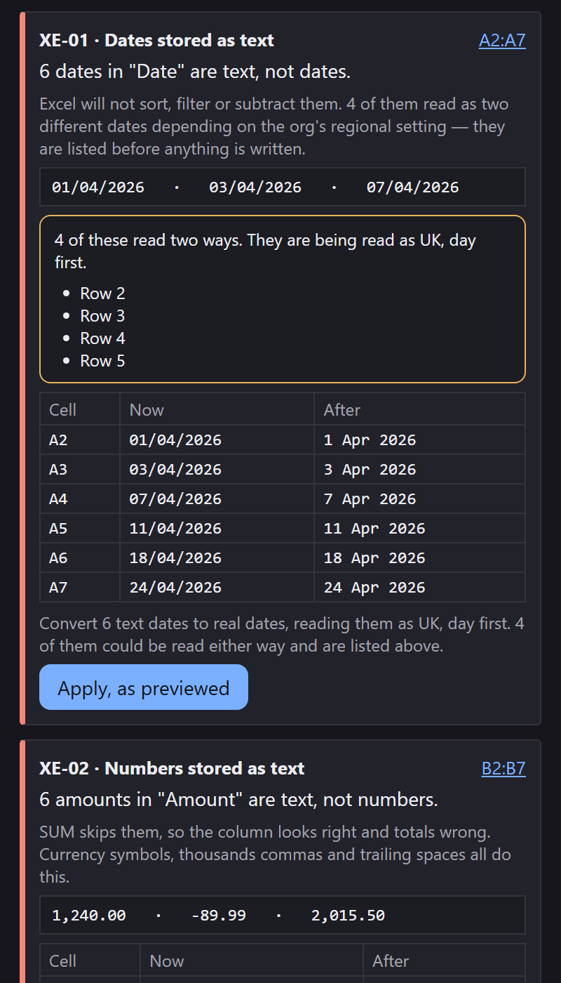 The same finding on Pro, now ending in an Apply, as previewed button under the before-and-after table.