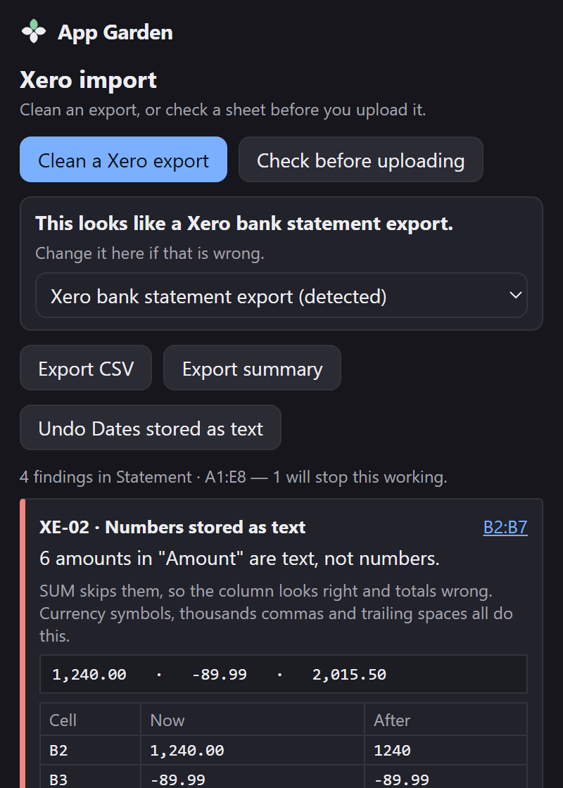 After the fix: four findings, one blocker, an Undo Dates stored as text button, and the date-convention picker gone.