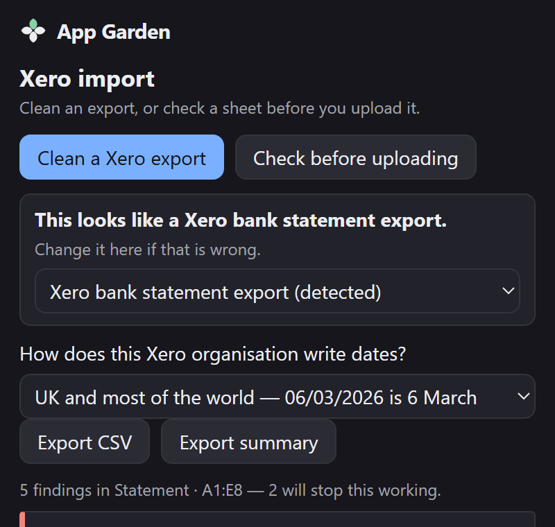 The pane after undo: five findings again, and the date convention picker is back.