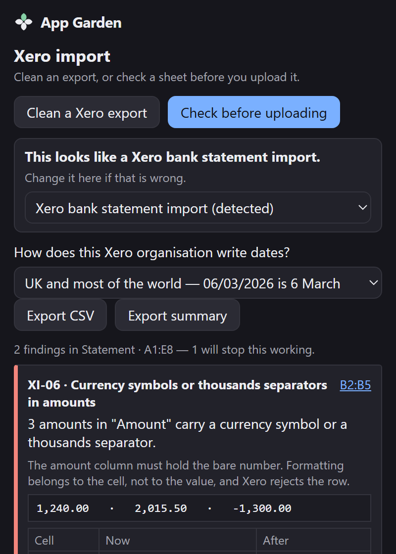 The pane in import mode: detected as a Xero bank statement import, two findings, the first being currency symbols or thousands separators in amounts.